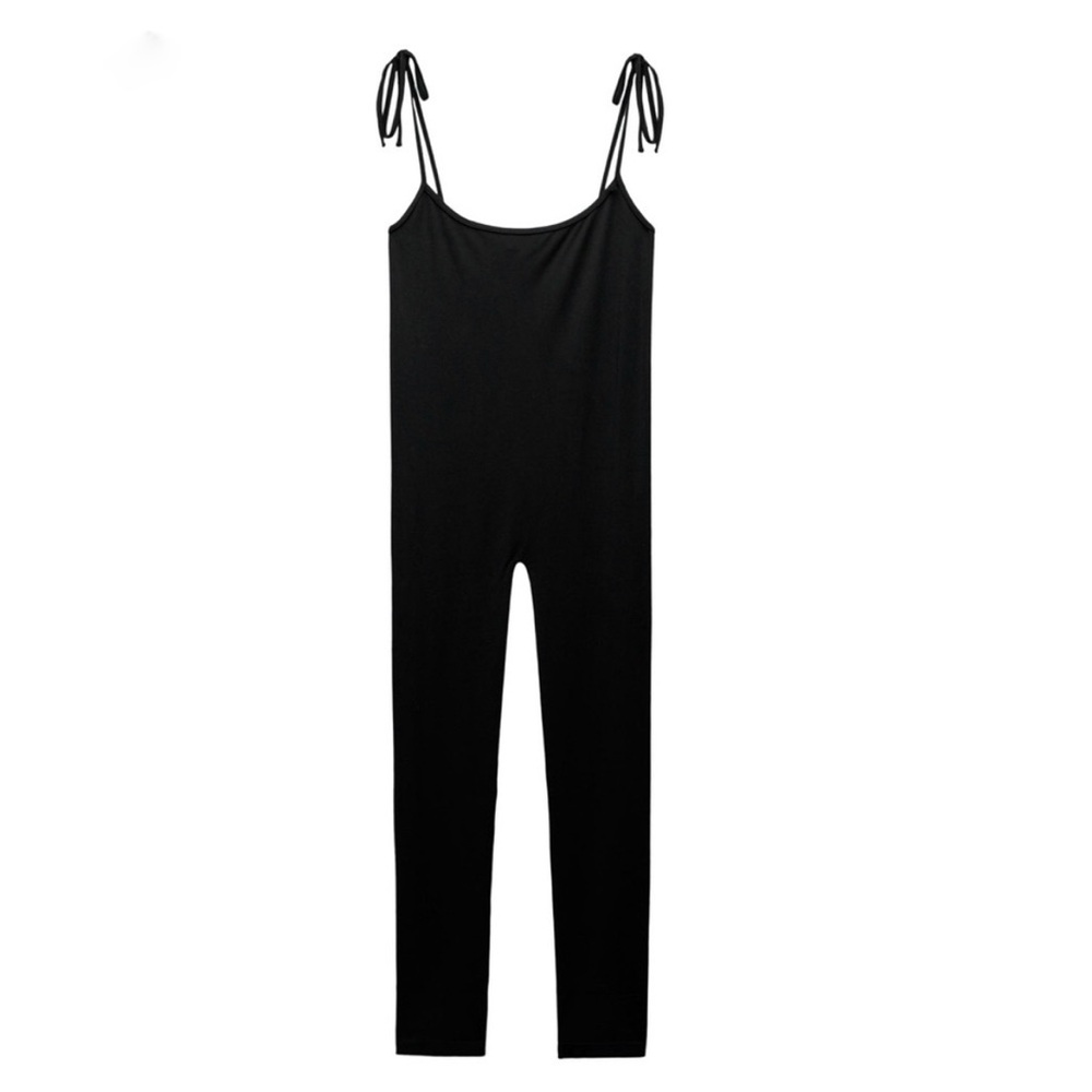 Zara Limitless Contour Collection Black Seamless Long Jumpsuit W/ Tie Straps NWT